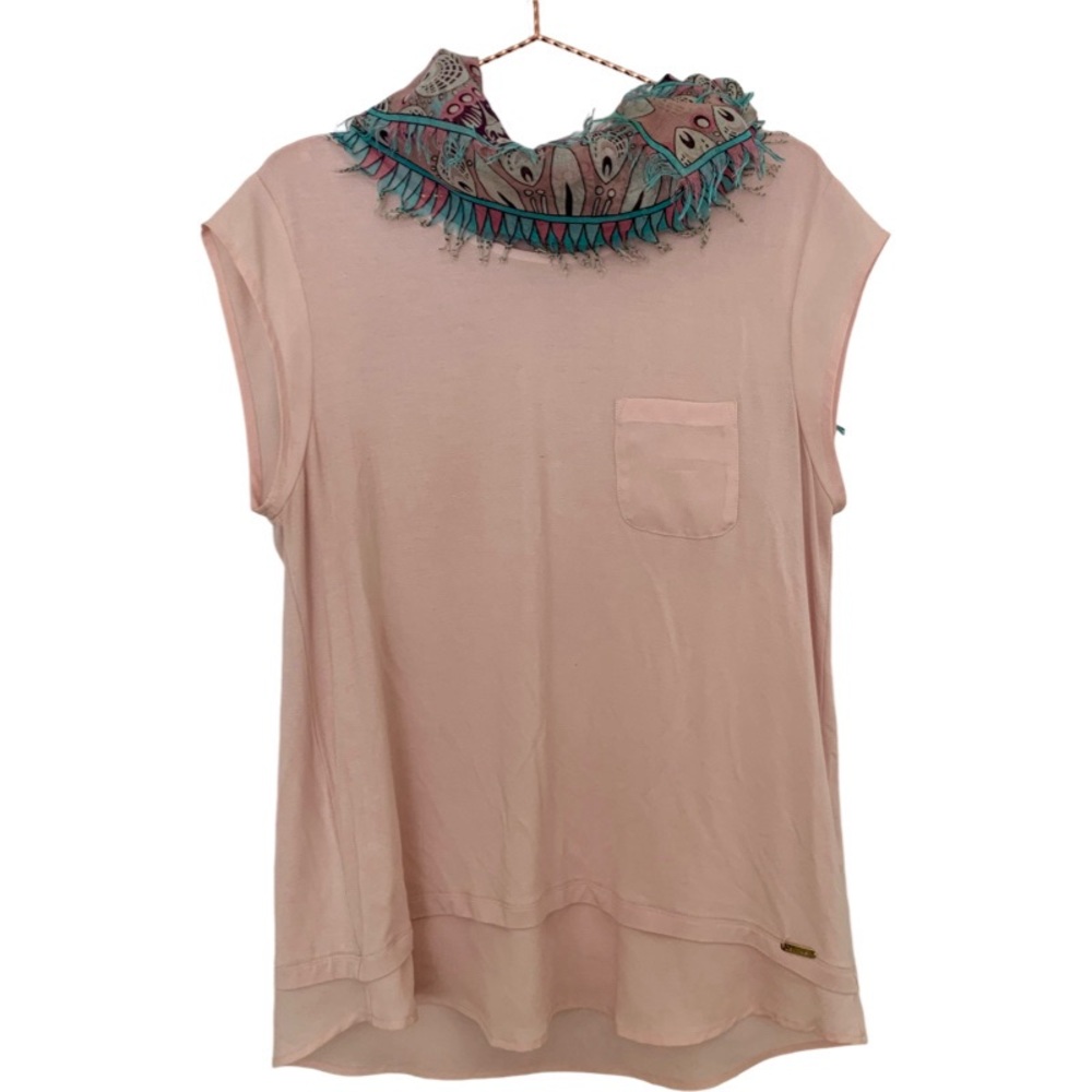 Calvin Klein Pink Blush Tiered Hem Chest Pocket Pullover Short Sleeve Top Sz M